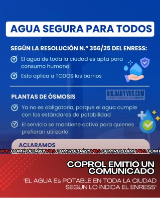 El agua de Roldán es apta para consumo humano en toda la ciudad